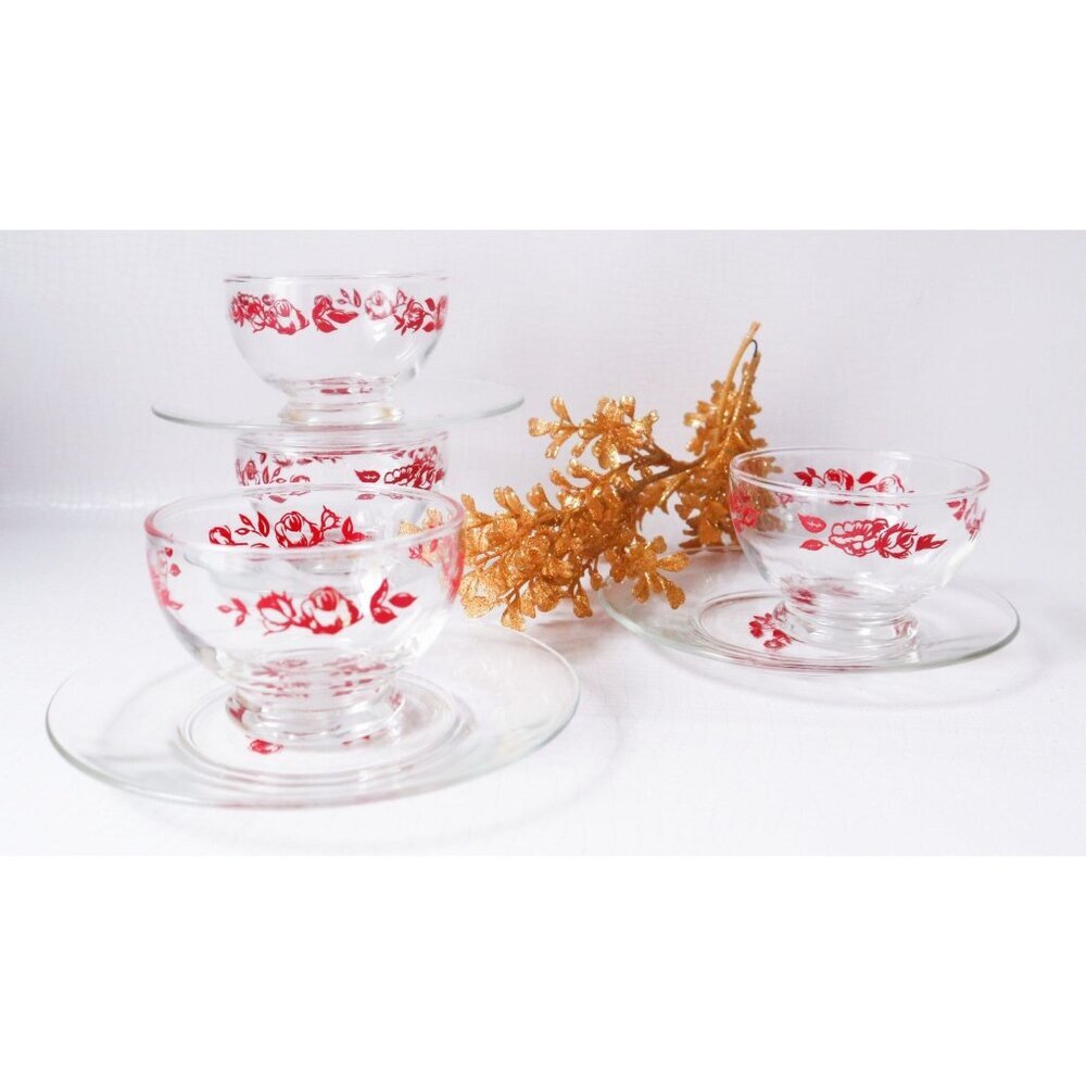 4 Sets of Dessert Bowls With Under Plate Red Rose Design Dominion Glass Vintage
